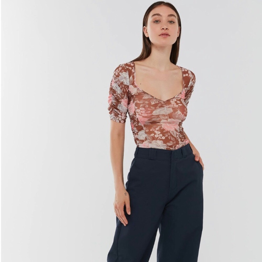 Urban Outfitters Cassi Floral Mesh Top Medium Brown & Pink